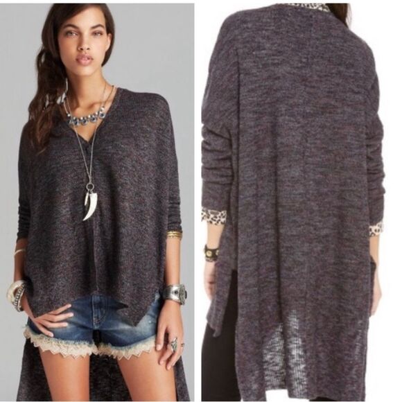 Free People Black Knit Soft Relaxed V Neck Button Dow Duster Sweater Stretch S/M - Picture 1 of 16